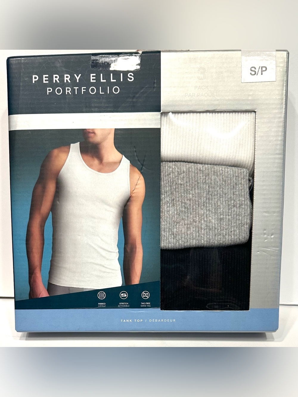 NEW, Perry Ellis Portfolio 3 Pack Cotton Blend Tank Tops Small White Gray Black